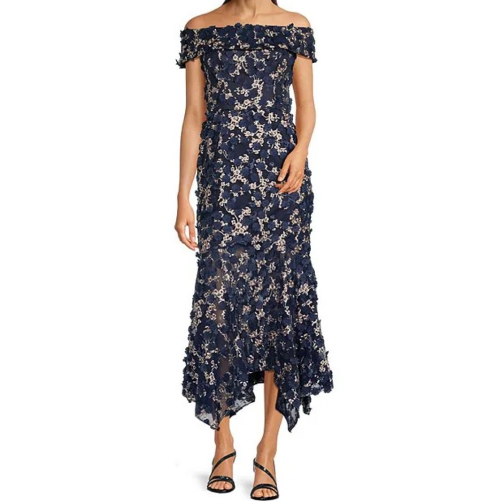 Xscape Blue Asymmetrical Off-Shoulder Dress